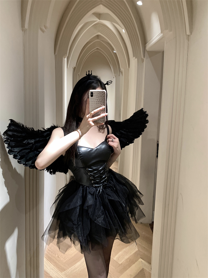 實拍~做你的貓攝魂小野貓暗黑酷辣彈力綁帶顯瘦魔女連衣皮裙