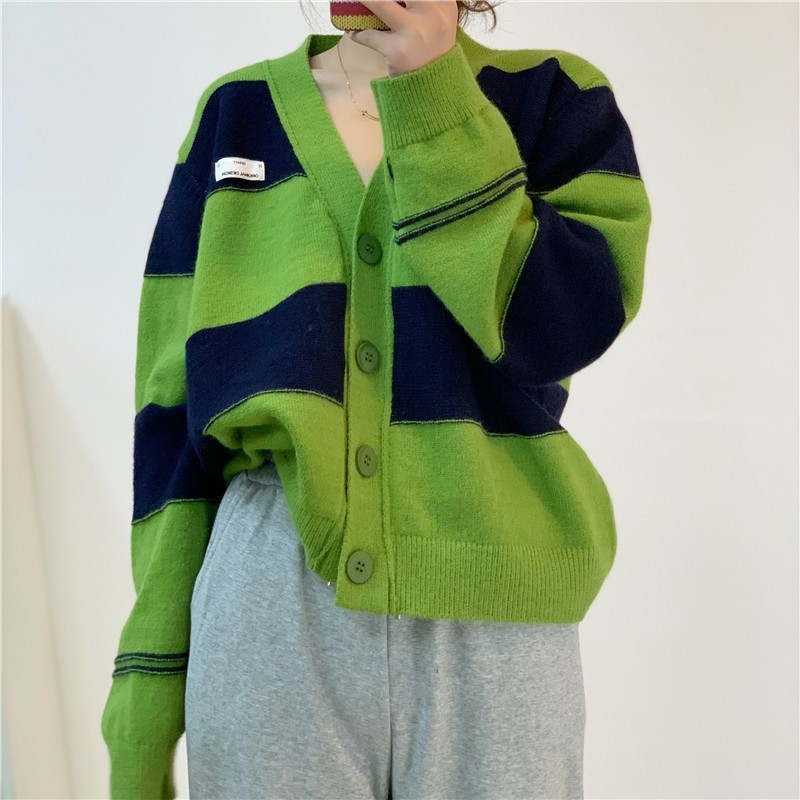 復古慵懶風毛衣女2023年新款韓版秋冬寬鬆外穿條紋針織開衫外套潮