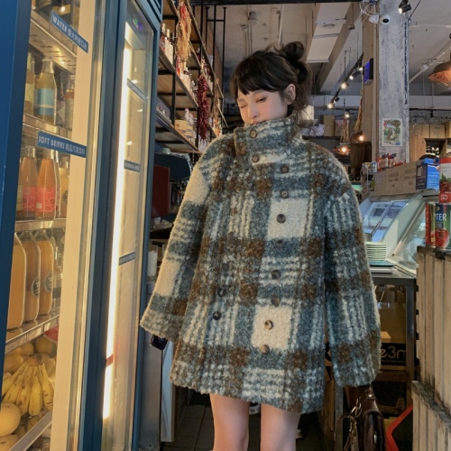 FunnJ Fangji Chuxue Smurf retro design plaid short woolen coat women's thickened woolen coat