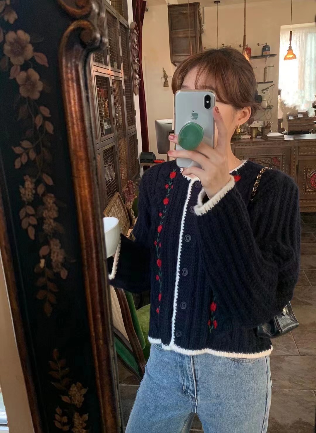 韓國chic秋冬法式溫柔圓領立體刺繡花朵撞色包邊針織衫毛衣外套女