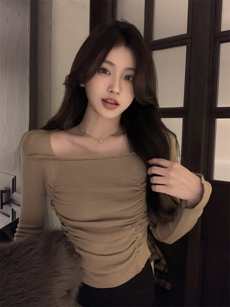 實拍 秋冬韓版氣質辣妹修身顯瘦方領褶皺針織上衣打底衫女潮