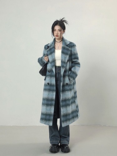 Blue plaid woolen coat for women  winter new style mid-length woolen top versatile temperament coat