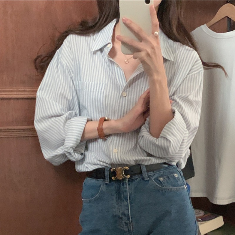 Polo領條紋襯衫女2023新款秋季韓版休閒百搭長袖襯衣開衫寬鬆外套