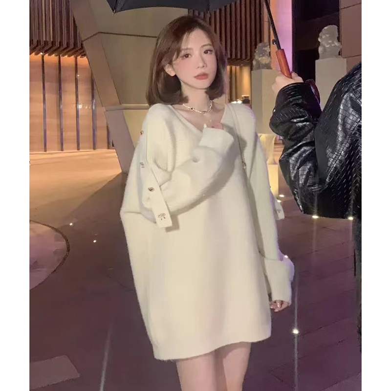 慵懶風寬鬆v領毛衣外套女秋冬設計感洋氣別致中長款針織衫上衣新
