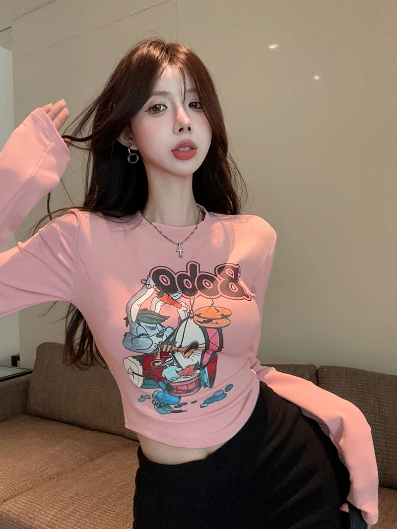 Real shot of long-sleeved bottoming shirt for women, printed T-shirt for women, short hot girl top