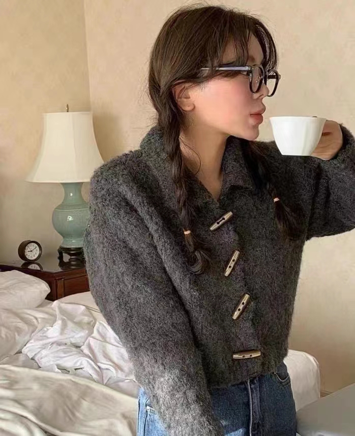 加厚長袖polo牛角扣開衫毛衣女韓國秋冬休閒百搭毛針織衫上衣