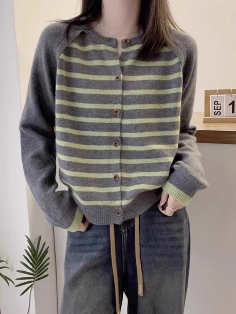 時尚氣質百搭圓領條紋針織開衫秋季新款寬鬆撞色單排扣上衣外套潮