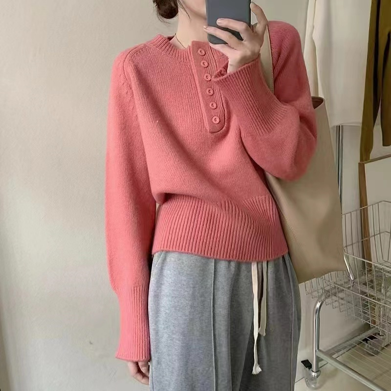 韓系簡約溫柔風半開扣毛衣女2023秋冬新款純色內搭外穿長袖針織衫