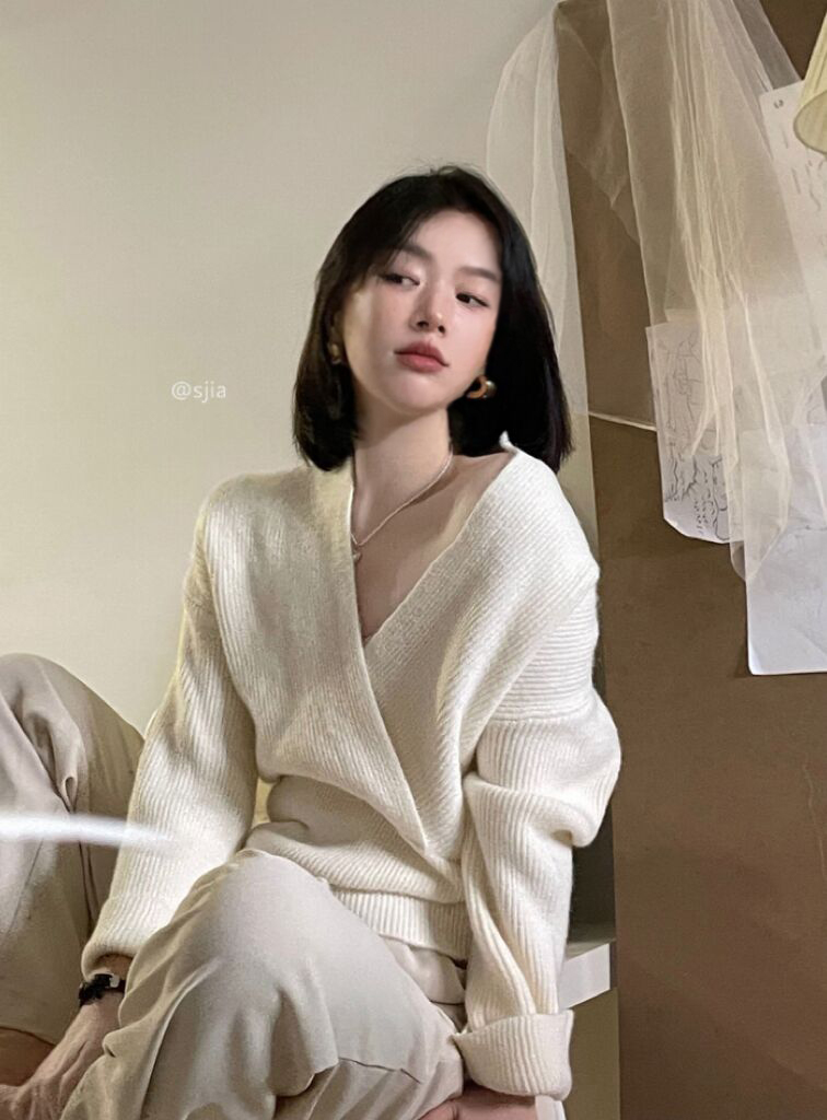 實拍韓chic交叉V領高腰寬鬆加厚針織衫毛衣