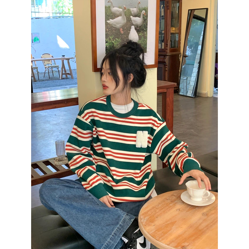 毛巾繡 美式復古圓領撞色條紋衛衣春秋冬