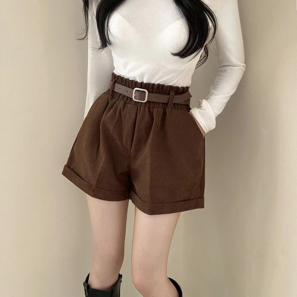 韓版配腰帶燈芯絨短褲女高腰顯瘦闊腿外穿休閒靴褲