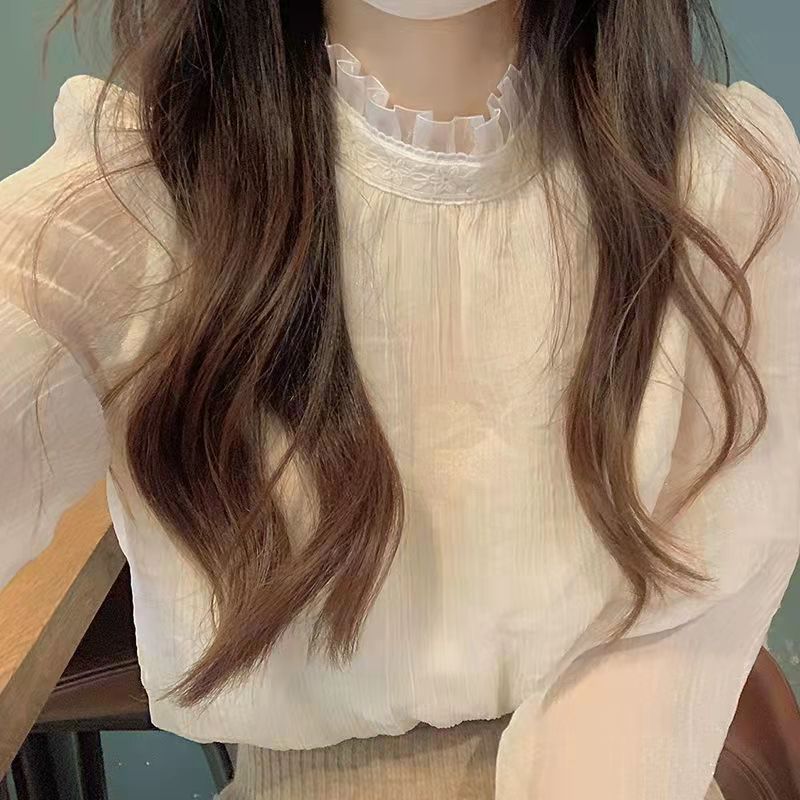 Lace stand-up collar lace bottoming shirt for women in spring and autumn design niche mesh chiffon top long-sleeved inner shirt