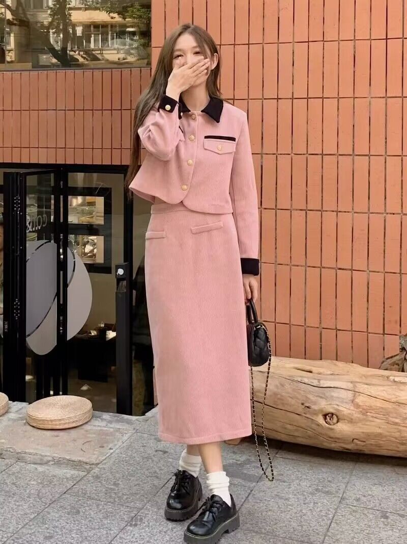 小香風套裝女秋冬2023新款高級感時尚洋氣翻領上衣半身短裙兩件套