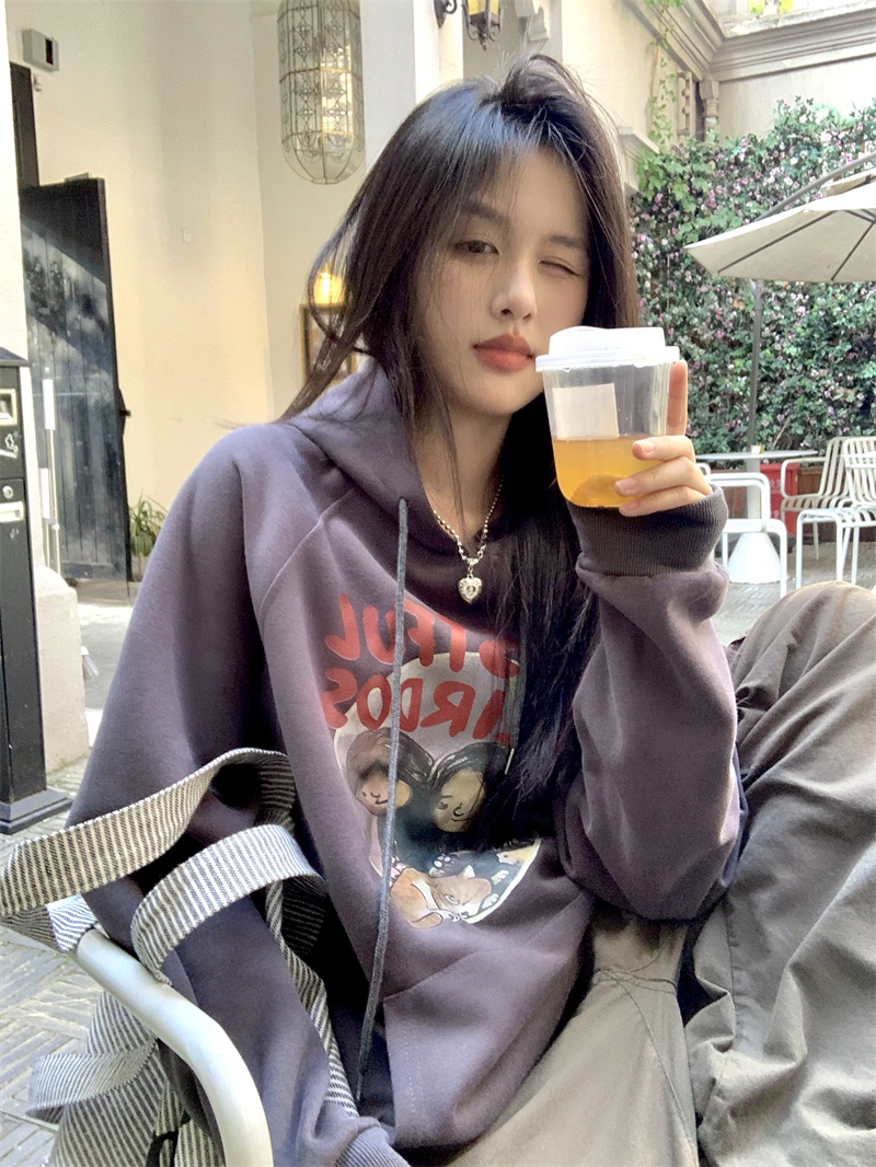 實拍 慵懶情呂連帽落肩衛衣女2023小眾美式復古寬鬆上衣外套秋冬