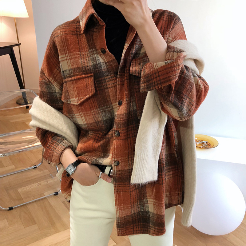 Brushed cotton plaid shirt women's mid-length 2023 autumn new Korean style loose long-sleeved shirt jacket thick
