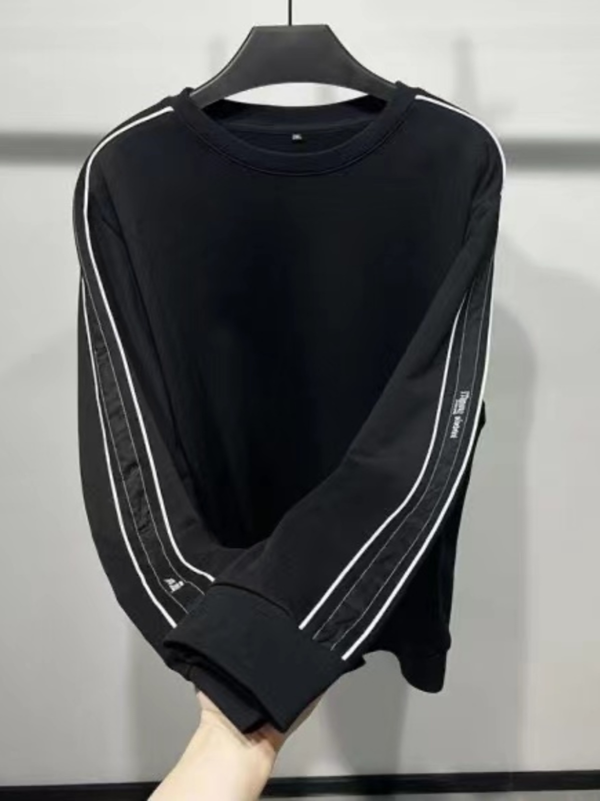 華棉複合牛奶絲黑色衛衣圓領長袖刺繡拼接休閒高端套頭韓版上衣