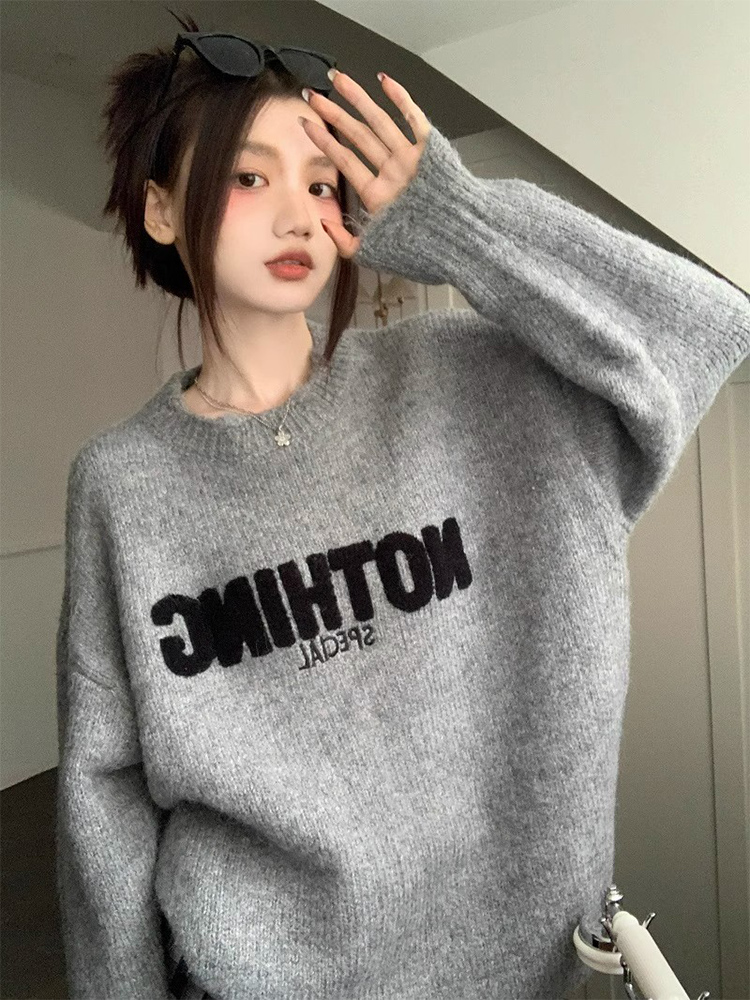 酷女孩網紅灰色套頭毛衣女秋冬設計感小眾寬鬆慵懶風高級感針織衫