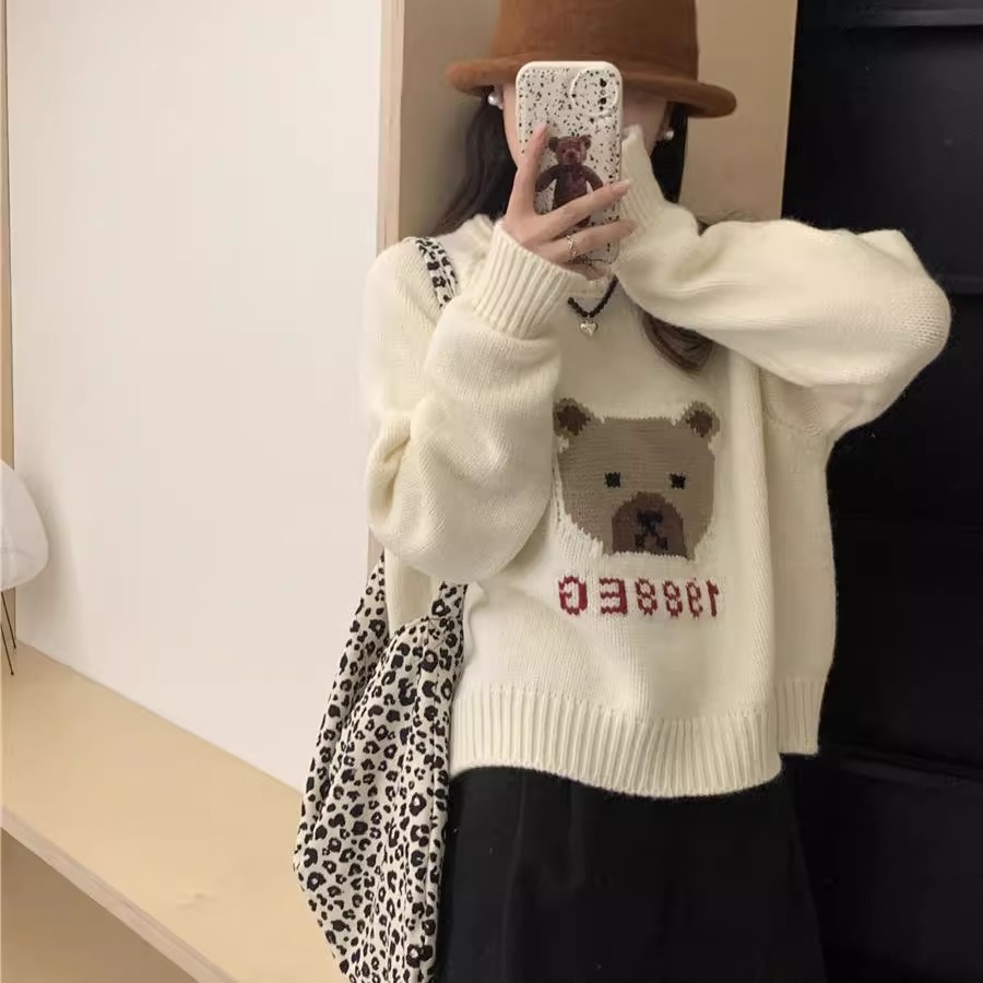 圓領小熊提花毛衣女2023新款秋冬裝慵懶風韓版寬鬆外穿針織衫上衣