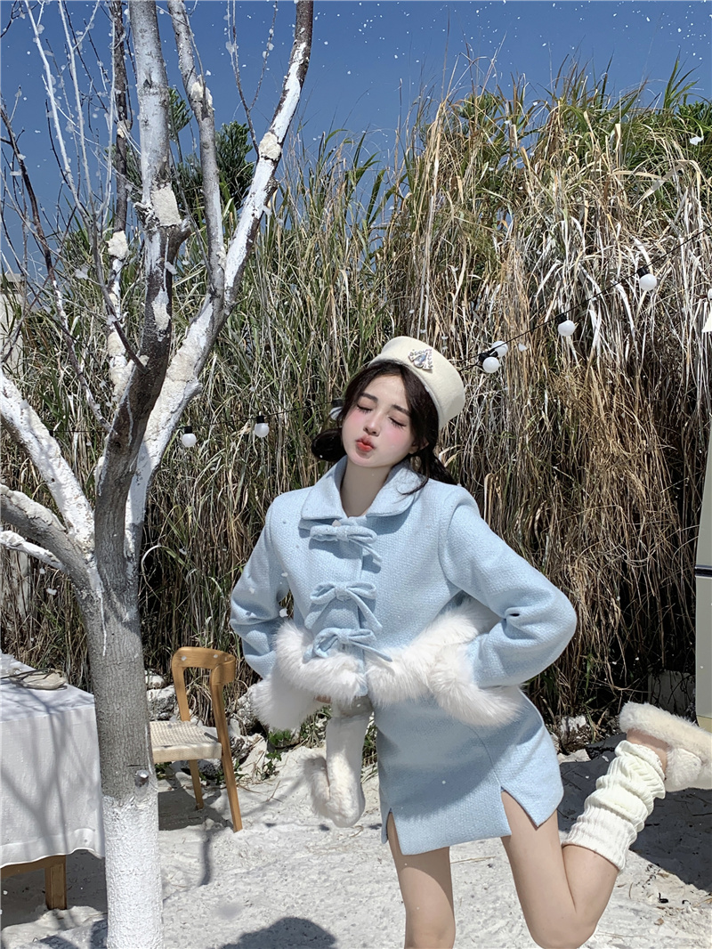 Actual shot ~ Celebrity style detachable furry plus cotton thickened woolen short coat skirt western style suit for women