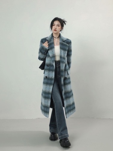 Blue plaid woolen coat for women  winter new style mid-length woolen top versatile temperament coat