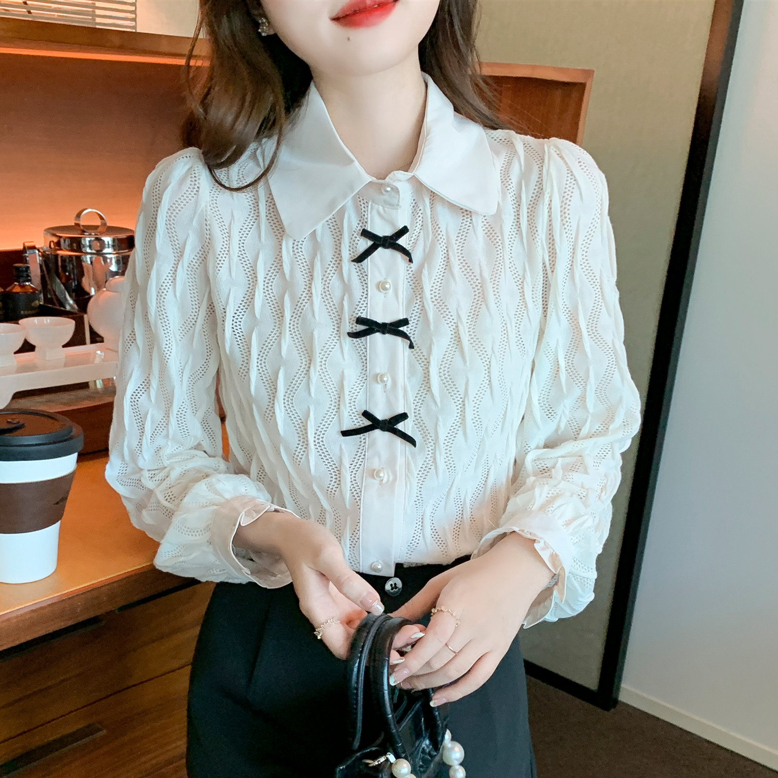肉完蝴蝶結蕾絲襯衫女秋冬設計感小眾韓版小個子法式高級感上衣