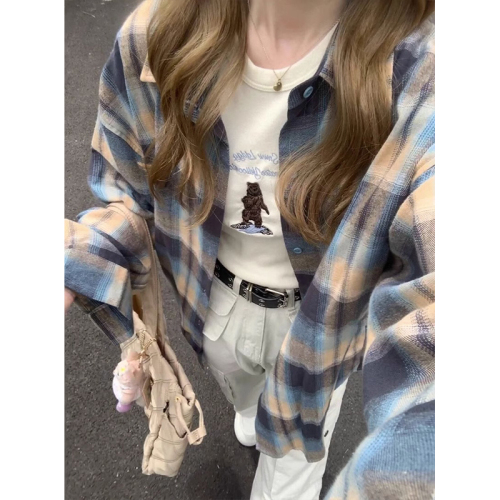 Plaid contrast plaid long-sleeved shirt for women spring and autumn embroidered loose lazy style shirt for women