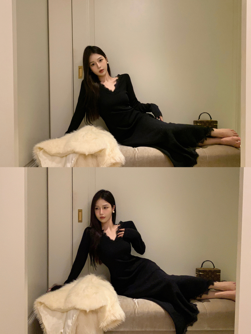 實拍 黑色V領蕾絲長袖魚尾連衣裙女秋冬收腰修身氣質包臀長裙