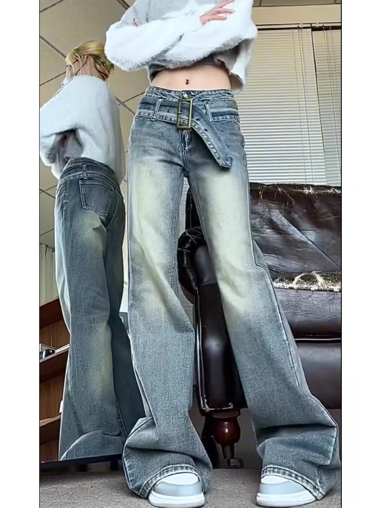 美式復古腰帶微喇叭牛仔褲女秋冬新款辣妹低腰小眾直筒闊腿拖地褲