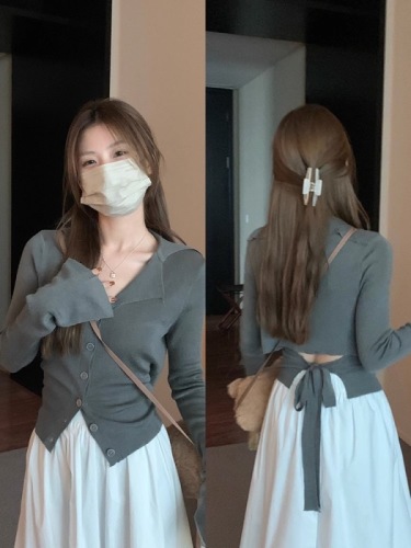 Wu 77 Soft Waist Revealed Bell Sleeve Cardigan Women's Early Autumn Temperament Strap Slim Fit Lapel Knitted Top