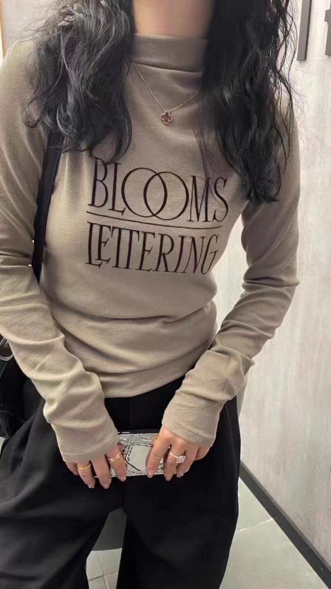 Half turtleneck letter printed long-sleeved T-shirt bottoming shirt for women in autumn and winter 2023 new style with thin velvet top