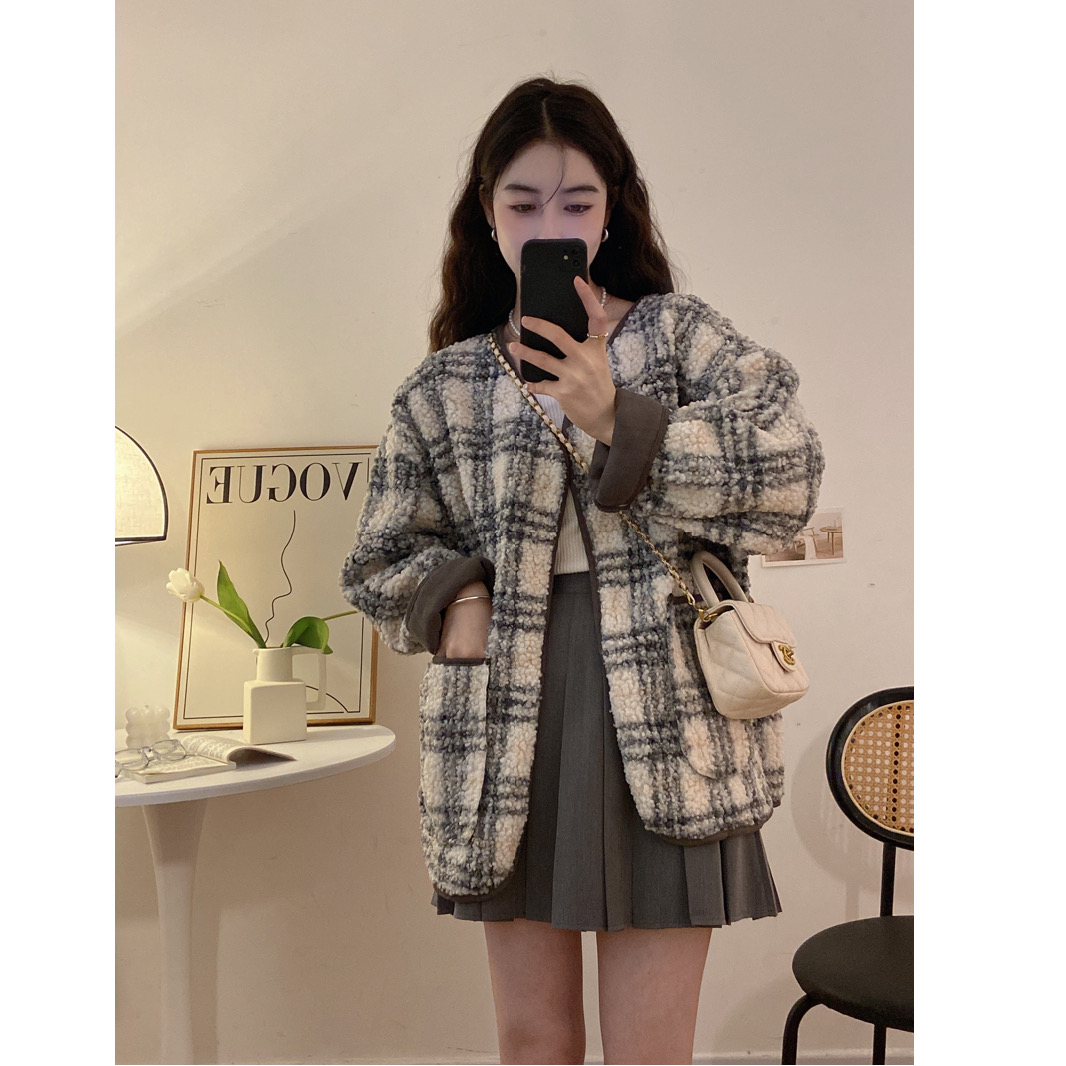 休閒加厚羊羔毛絨絨格子外套女秋冬季百搭韓版寬鬆洋氣上衣ins潮