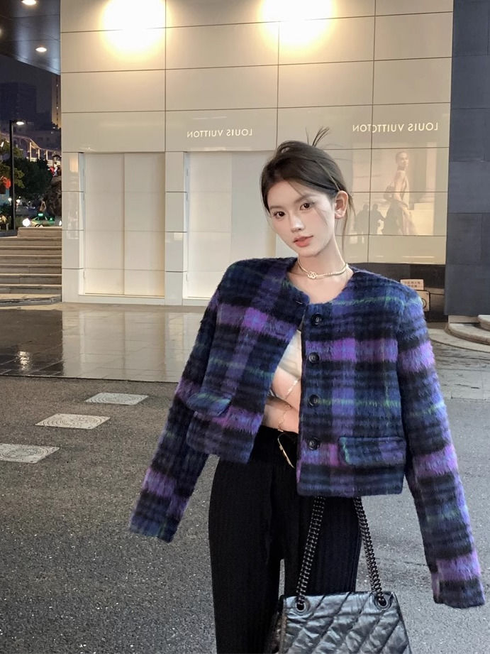 格紋短款毛呢外套女裝冬季2023新款法式復古紫色呢子寬鬆長袖上衣