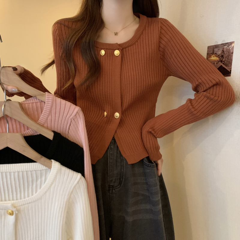 Tmall quality retro square collar slim knitted cardigan autumn and winter new niche versatile short sweater top