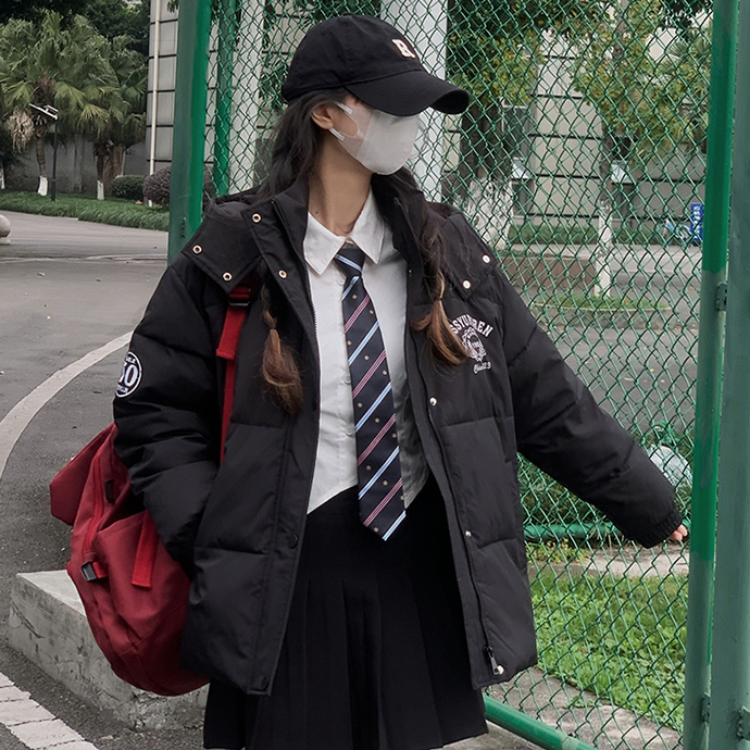 學院風黑色短款羽絨棉服大衣jk制服套裝秋冬加厚保暖棉襖中長外套