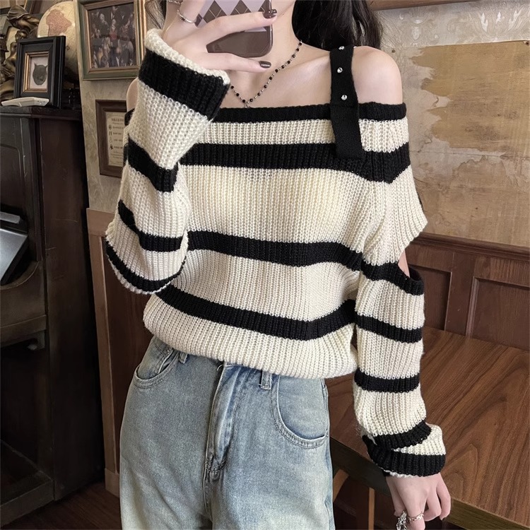 2023秋季新款性感條紋毛衣女外穿短款設計感小心機露肩針織衫上衣