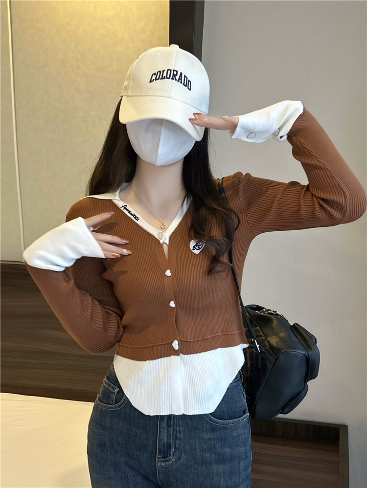實拍~秋季新款設計感撞色假兩件氣質修身針織上衣女