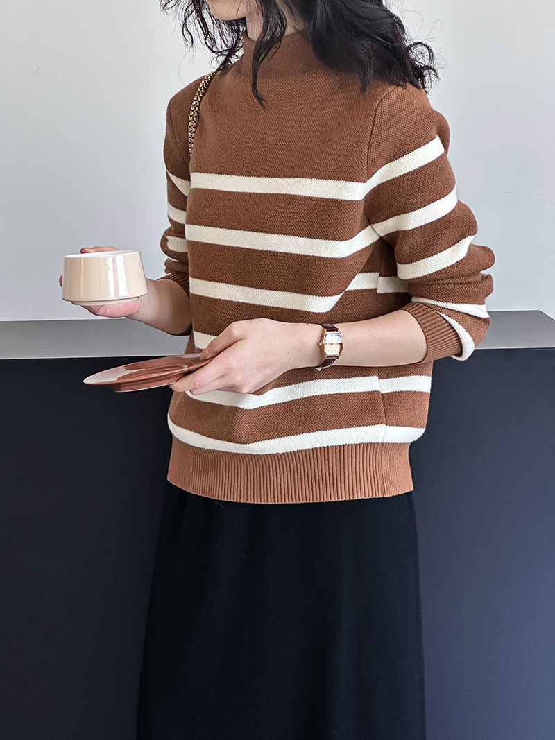 實拍~2023秋冬新款加絨針織衫女裝復古條紋高領套頭休閒毛衣