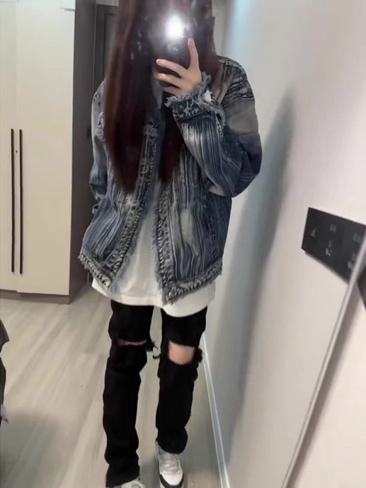 黑色彈力破洞牛仔褲女春秋小眾設計感褲腳拉鏈高腰顯瘦直筒長褲子