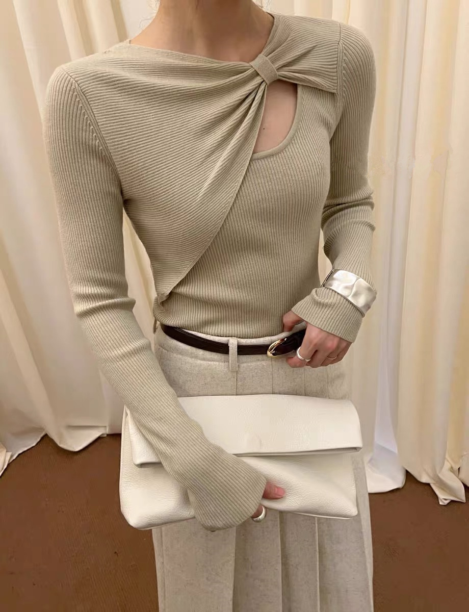 蝴蝶結羊毛針織衫女2023新款早秋修身長袖打底衫女內搭毛衣女秋冬