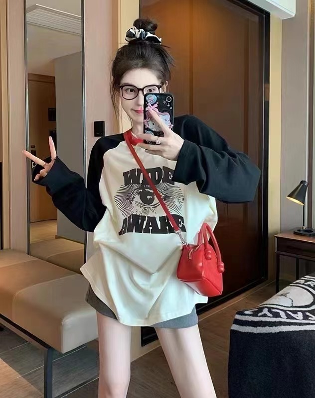 撞色插肩長袖t恤女秋冬歐貨大版洋氣減齡休閒百搭加絨打底衫上衣