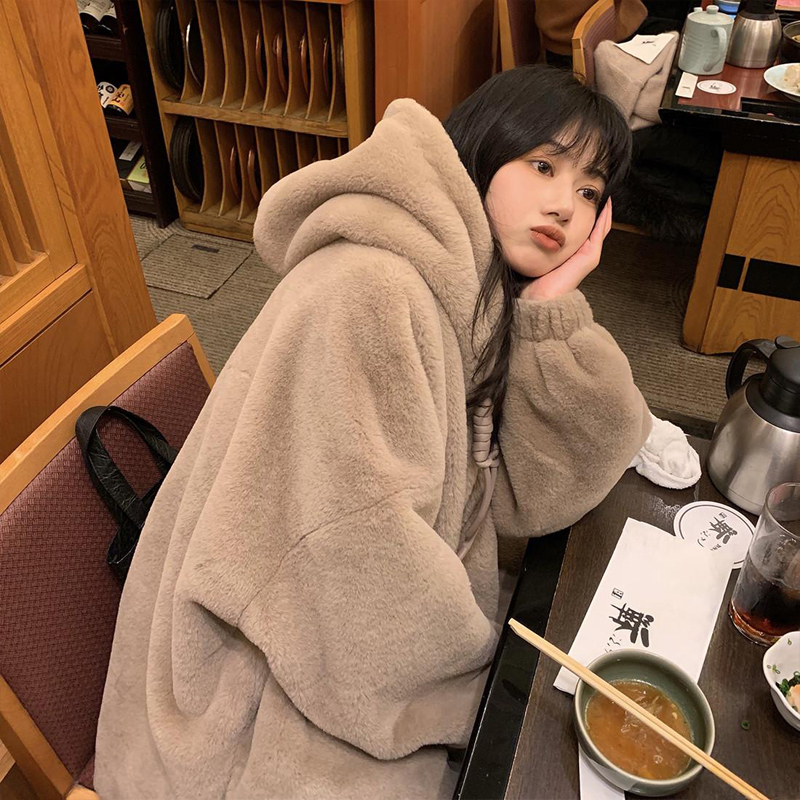 兔絨夾棉內里800克加絨加厚連帽寬鬆羊羔毛外套女