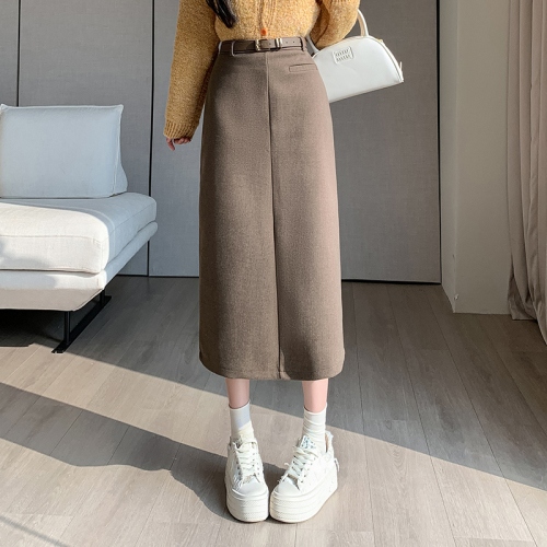 Woolen skirt women's  winter mid-length skirt slimming temperament retro Hepburn style high-waisted woolen straight skirt