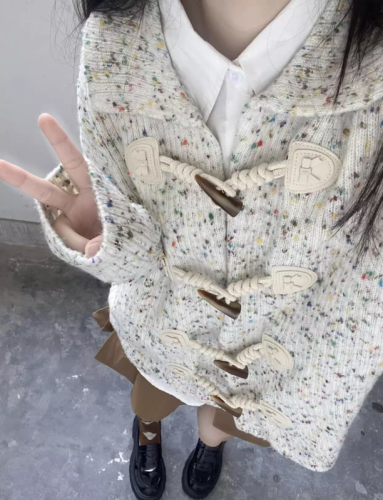 Colorful idea yarn ox horn buttons open sweater women spring summer new POLO collar loose lazy style knit sweater outerwear