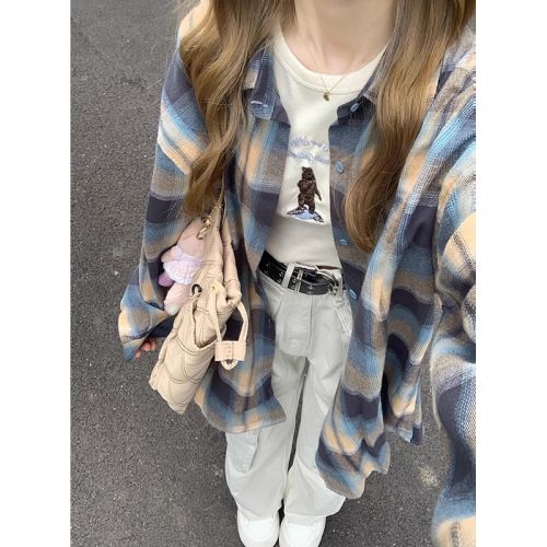Plaid contrast plaid long-sleeved shirt for women spring and autumn embroidered loose lazy style shirt for women