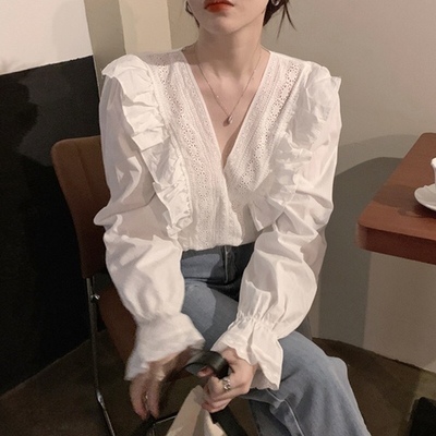 宮廷風襯衫女春秋韓國木耳荷葉邊設計感小眾蕾絲拼接法式v領上衣