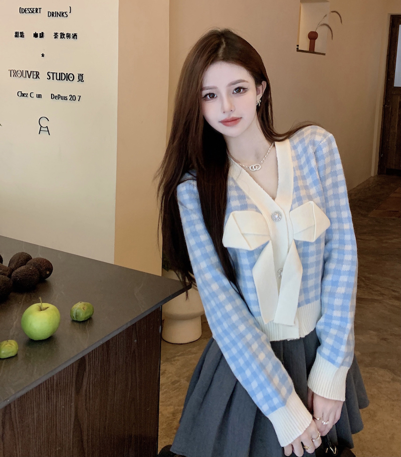 實拍 韓版短款寬鬆外穿格子長袖針織衫上衣女蝴蝶結開衫