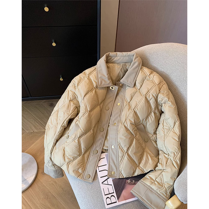 菱格有內里秋冬短款小香風菱格翻領輕薄棉服短外套女