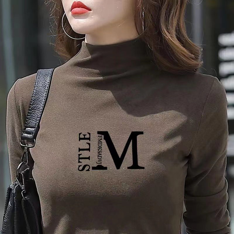 德絨半高領打底衫女秋冬長袖大碼印花雙面絨內搭加絨外穿保暖上衣