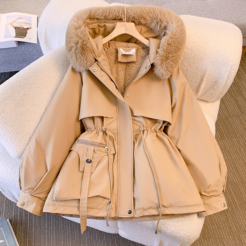 Real shot of women's mid-length waist-slimming hooded large fur collar plus velvet cotton coat large size Korean style autumn and winter jacket
