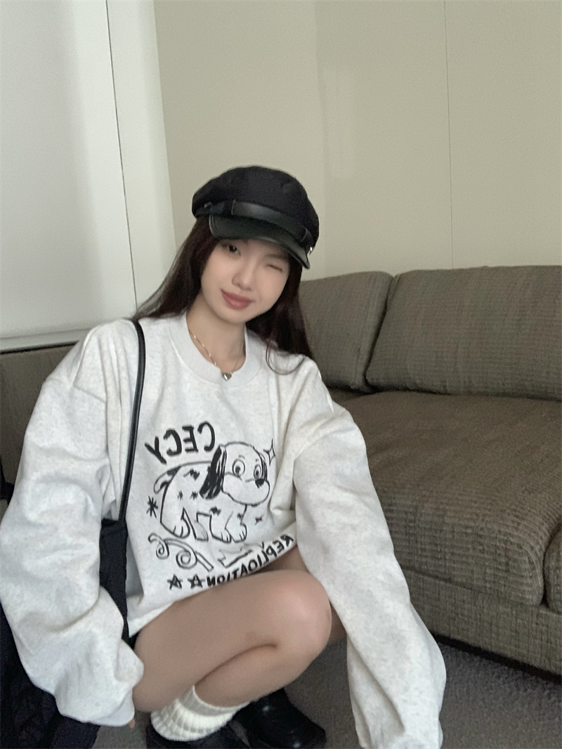 實拍~ 原創 美式復古塗鴉狗狗字母寬鬆百搭長袖加絨圓領衛衣